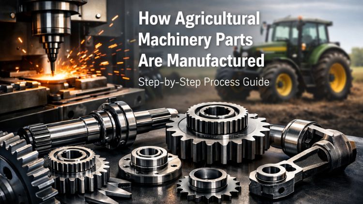 Close-up of metal agricultural machinery parts with tractor in background and manufacturing process.