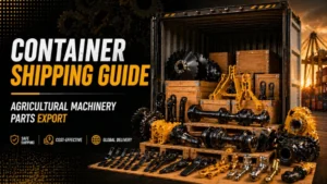 Container with agricultural machinery parts and shipping guide text.