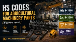 Agricultural machinery parts on a workbench with HS codes listed for global trade.