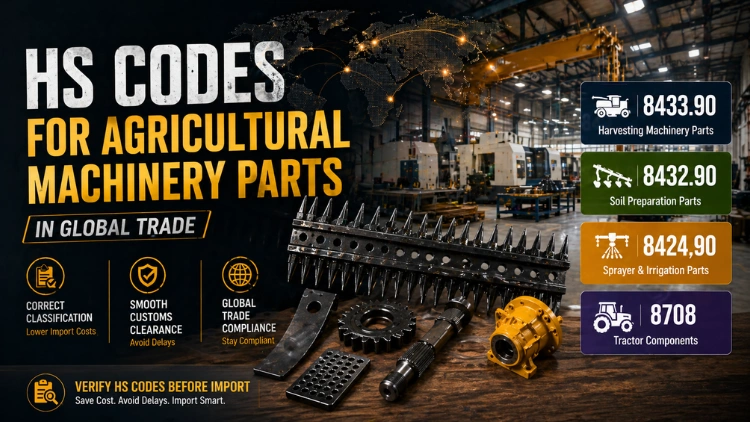 Agricultural machinery parts on a workbench with HS codes listed for global trade.
