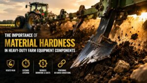 Tractor plowing soil with durable metal blade at sunset.