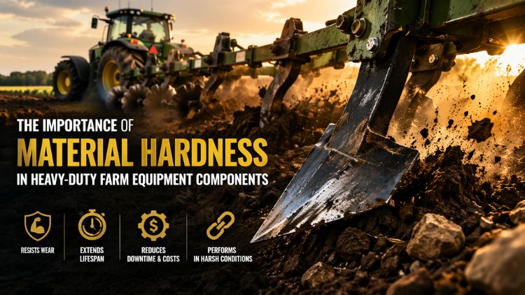 Tractor plowing soil with durable metal blade at sunset.