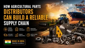 Banner of agricultural parts supply chain with tractor, machinery parts, and global logistics.