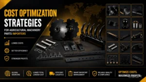Agricultural machinery parts cost optimization banner with tractor linkage components and farming equipment accessories.