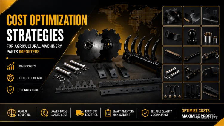 Agricultural machinery parts cost optimization banner with tractor linkage components and farming equipment accessories.