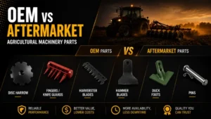 OEM vs aftermarket farm machinery parts comparison infographic.