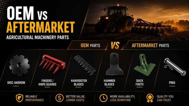 OEM vs aftermarket farm machinery parts comparison infographic.