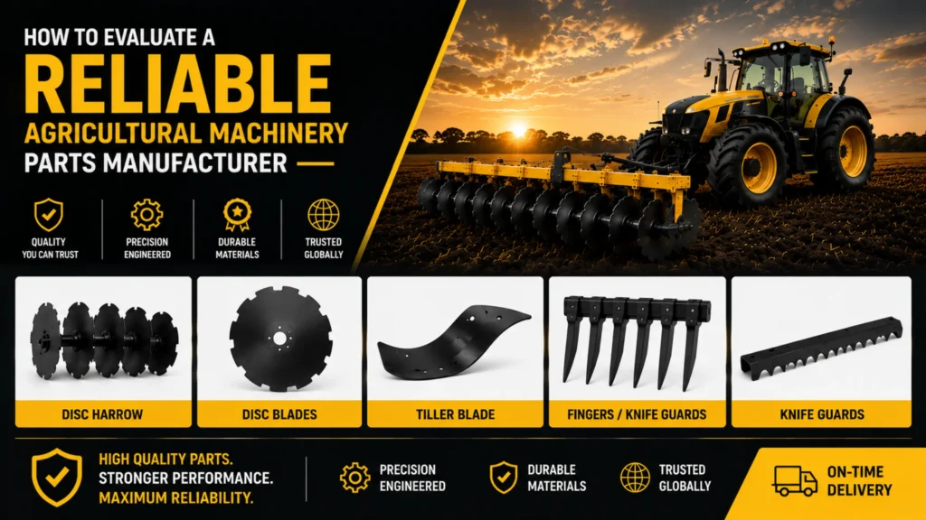 Reliable agricultural machinery parts including disc harrow, disc blades, tiller blade, knife guards for large-scale farming.