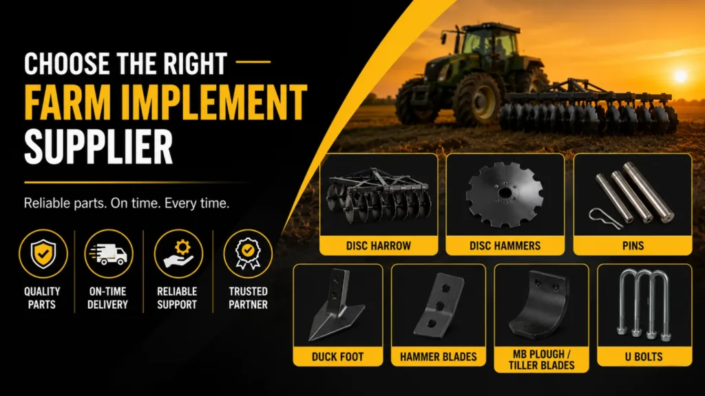 Farm equipment supplier banner with tractor and agricultural spare parts showcase.