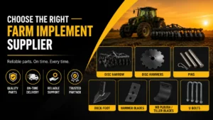 Farm equipment supplier banner with tractor and agricultural spare parts showcase.
