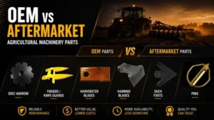 OEM vs aftermarket farm machinery parts comparison infographic.