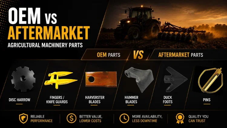 OEM vs aftermarket farm machinery parts comparison infographic.