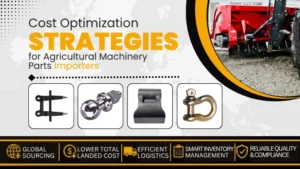 Agricultural machinery parts cost optimization banner with tractor linkage components and farming equipment accessories.
