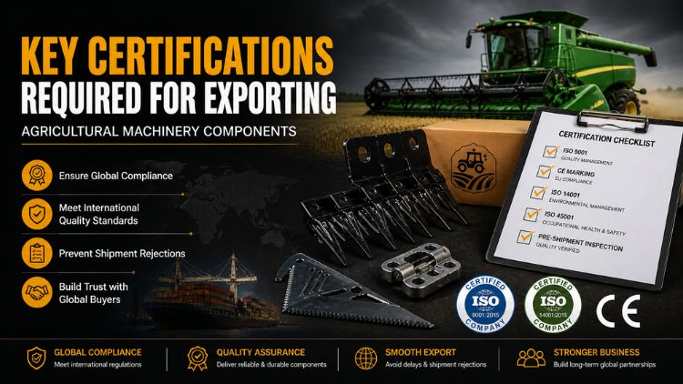 Graphic of export certifications for agricultural machinery with ISO, CE, and inspection checklist.