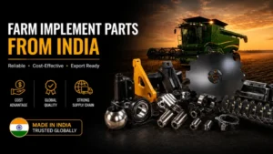 Indian farm implement parts with harvester in background.