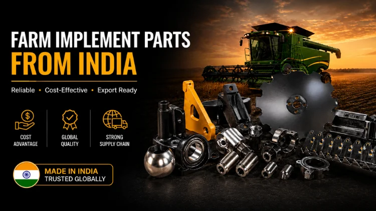 Indian farm implement parts with harvester in background.