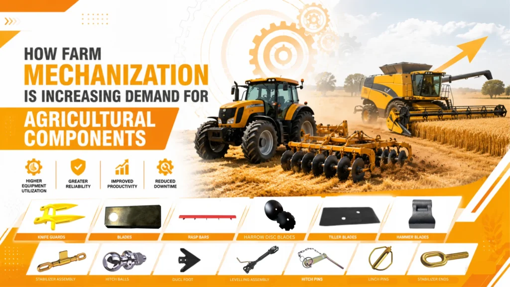 Banner of tractors in a wheat field promoting agricultural machine parts.