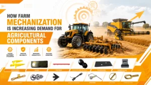 Banner of tractors in a wheat field promoting agricultural machine parts.