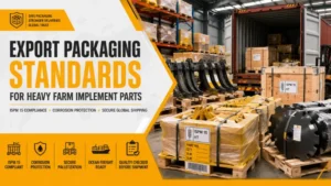 Heavy farm equipment parts packaged for export shipping in a warehouse.