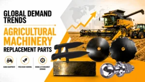 Agricultural machinery replacement parts banner with harvest equipment and growth trend graphic.