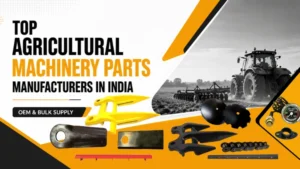 Banner of agricultural machinery parts manufacturers in India with tractor and farm parts.