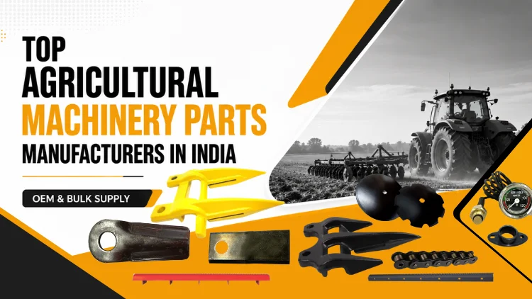 Banner of agricultural machinery parts manufacturers in India with tractor and farm parts.