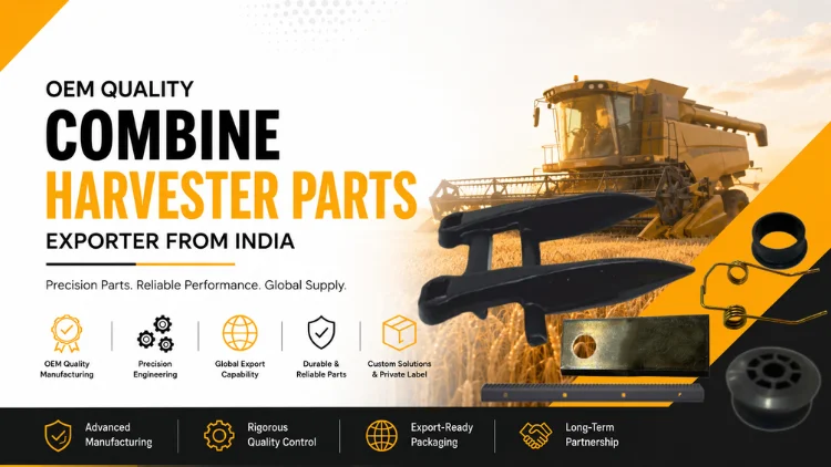 Banner showcasing OEM combine harvester parts and export services from India.