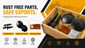 Rust-free export packaging for farm parts.