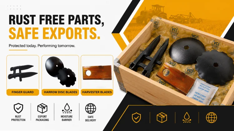 Rust-free export packaging for farm parts.