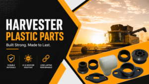 Harvester plastic parts banner with combine harvester, product images, and durability highlights.