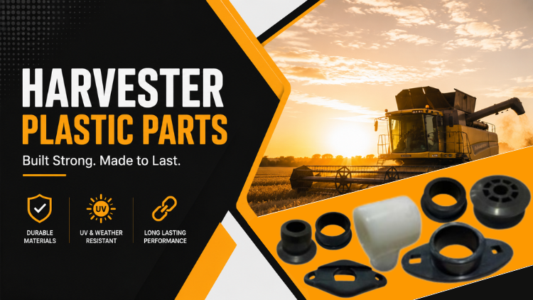 Harvester plastic parts banner with combine harvester, product images, and durability highlights.